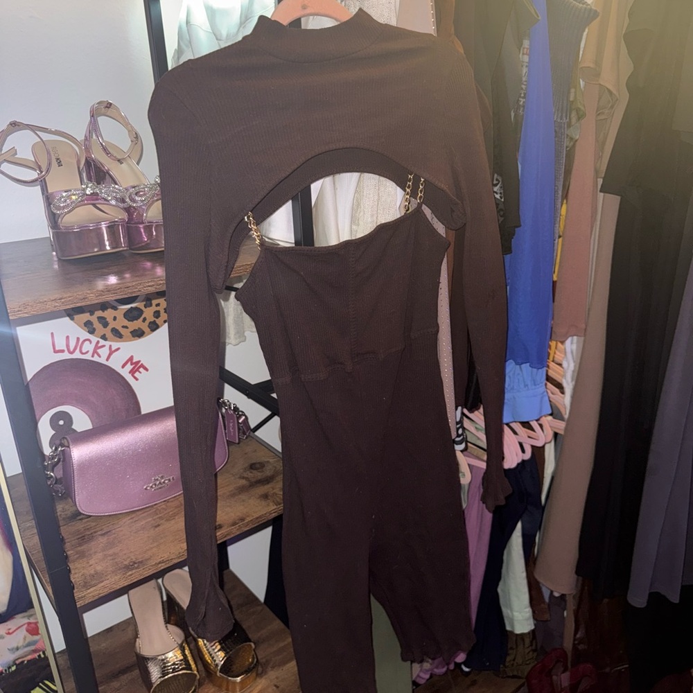 Brown Cutout Long Sleeve Dress